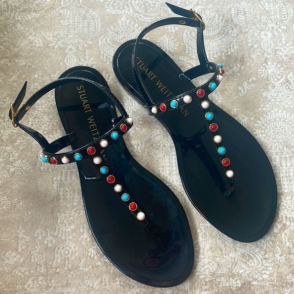 Brand New Stuart Weitzman Gemstone Beaded Thong Jelly Sandals Slingback Black - Picture 15 of 15